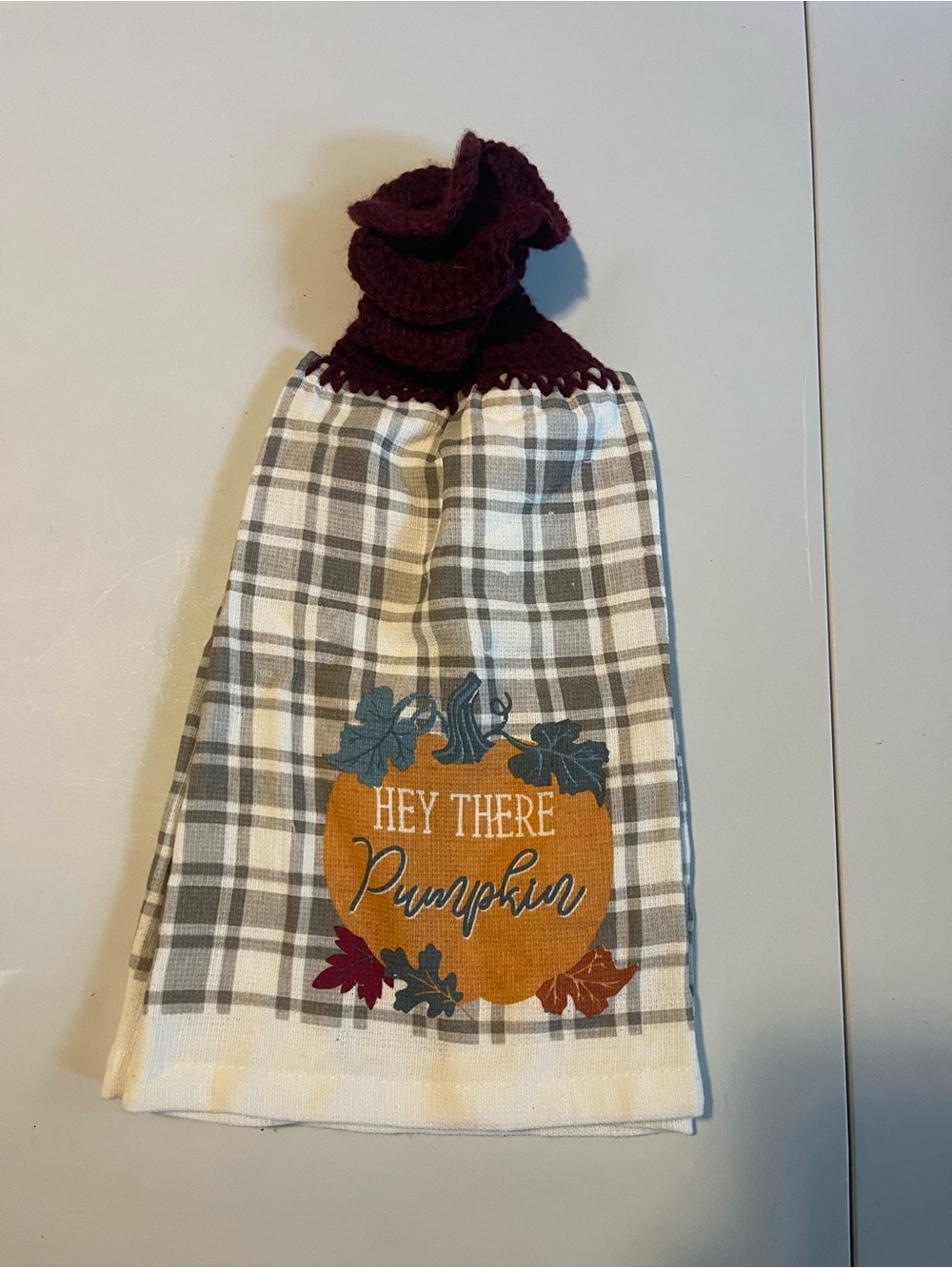 Hey There Pumpkin Plaid Hanging Kitchen Towel with Burgundy Top